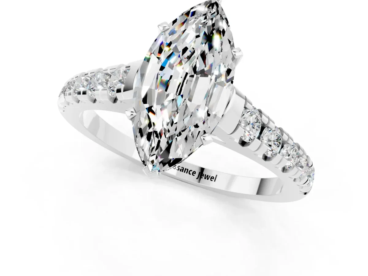 Marquise Cut Moissanite Cathedral Solitaire Ring with Round Pavé Band Silver