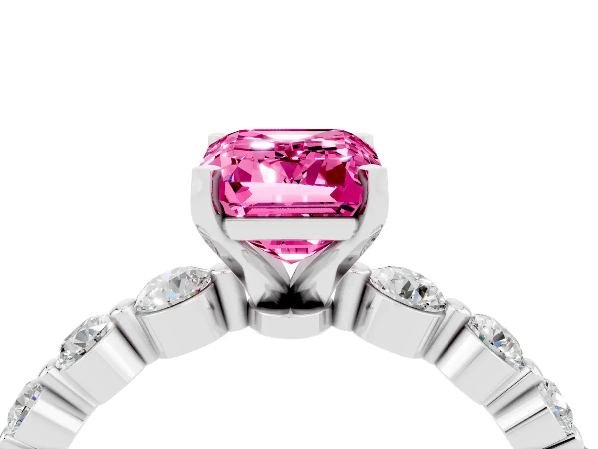 Emerald Cut Solitaire Pink Sapphire Ring with Pave Band and Four-Prong Setting Silver