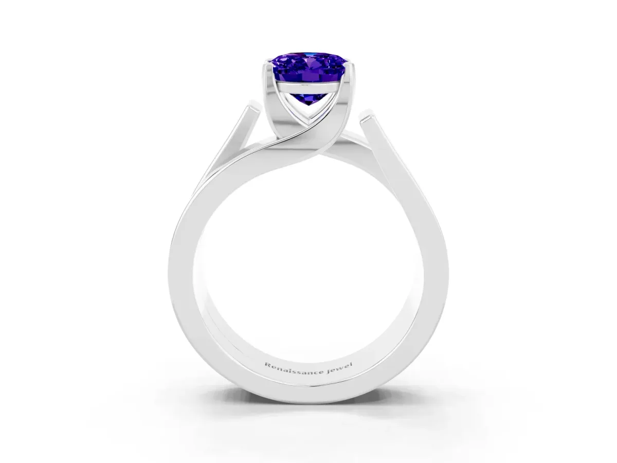 Modern Tension Set Oval Cut Tanzanite Solitaire Wide Band Ring Silver