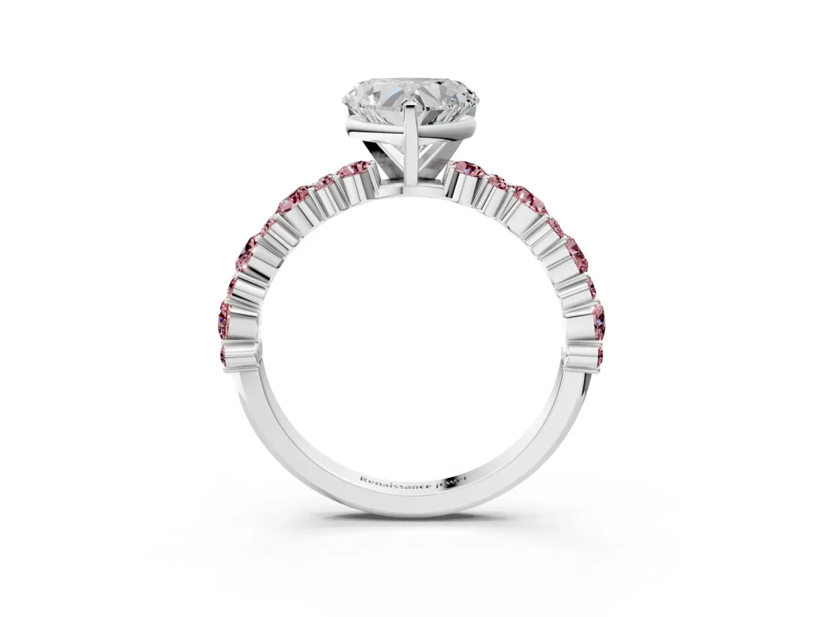 Heart Cut Diamond Side Stone Solitaire Ring with Round Morganite and Four-Prong Setting Platinum