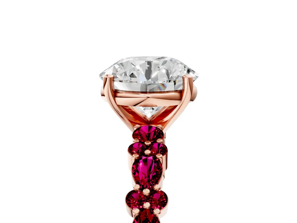 Round Cut Diamond Side Stone Solitaire Ring with Round Garnet and Four-Prong Setting Rose gold