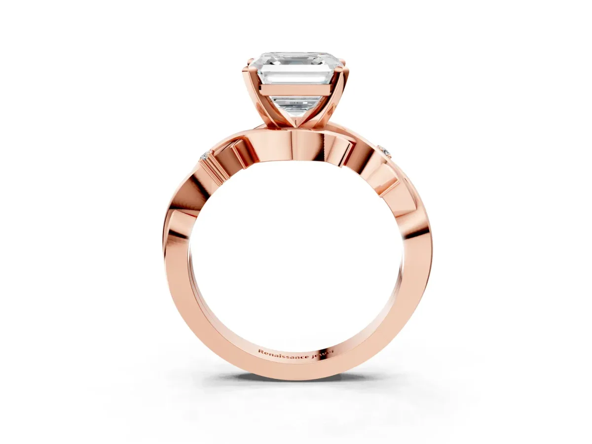 Asscher Cut Diamond Solitaire Ring with Twisted Band and Prong Setting Rose gold