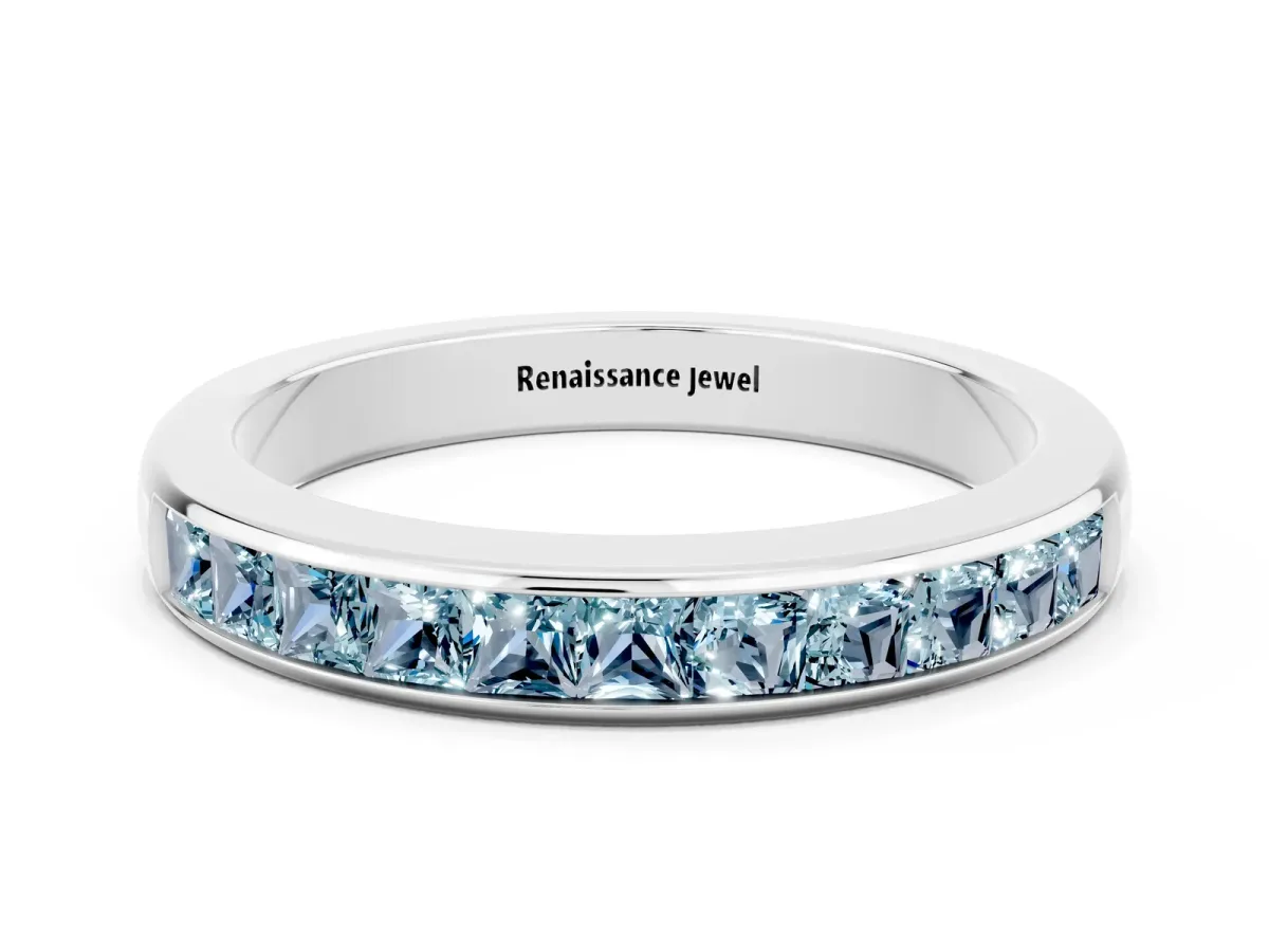 Channel Set Princess Cut Aquamarine Eternity Band Silver