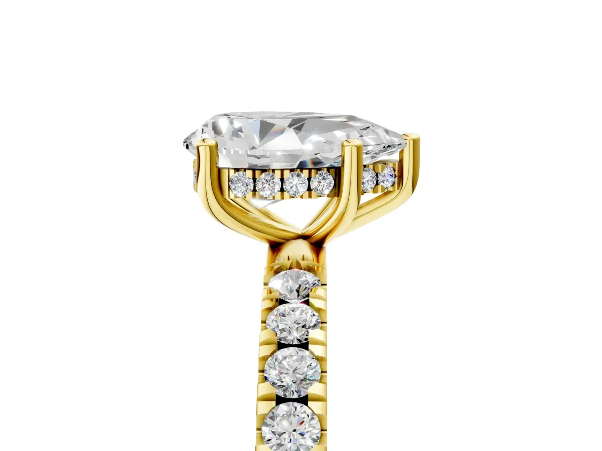 Pear Cut Diamond Pave Band Solitaire Ring with Round and Prong Setting Yellow gold