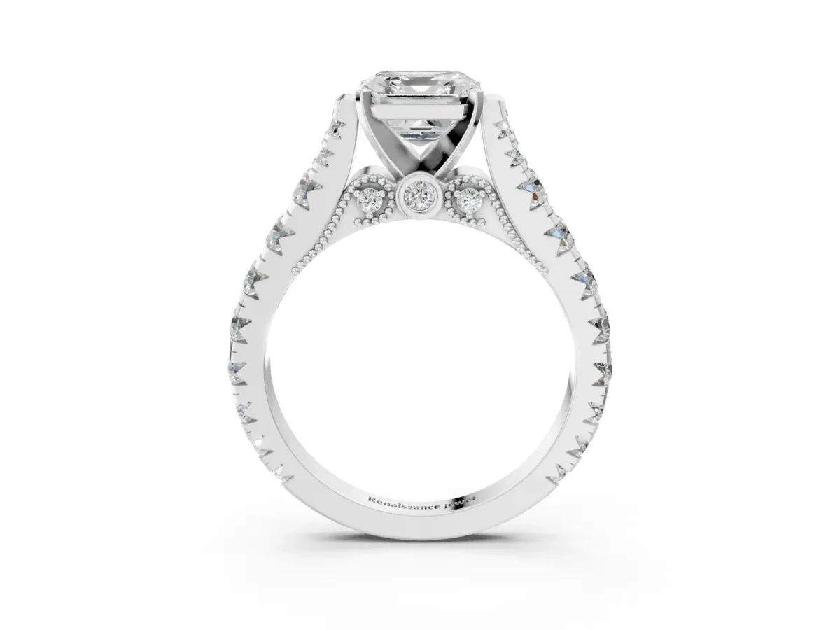 Asscher Cut Diamond Classic Solitaire Ring with Pavé Band and Four-Prong Setting Platinum