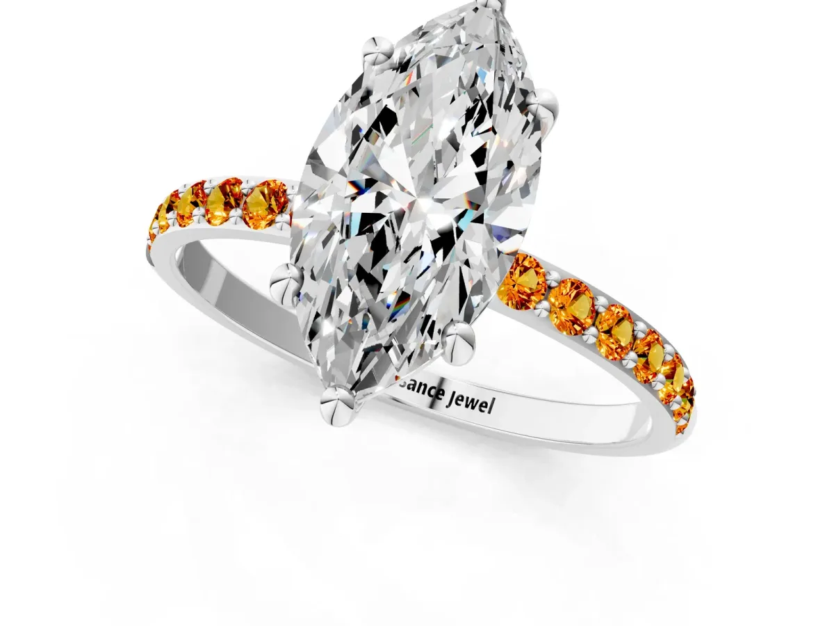 Marquise Cut Diamond Solitaire Ring with Round Citrine Pavé Band and Prong Setting Silver