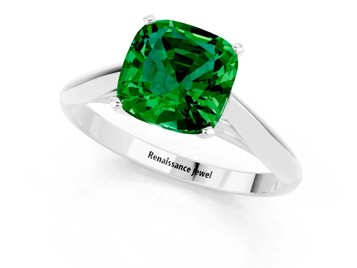 Cushion Cut Emerald Solitaire Engagement Ring with Cathedral Setting and Four-Prong Mount White gold