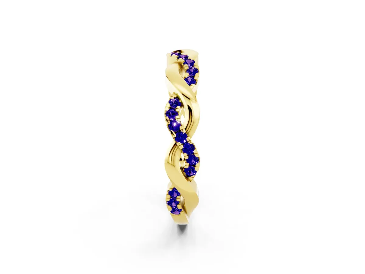 Pavé Round Tanzanite Twist Eternity Band with Shared Prong Setting Yellow gold