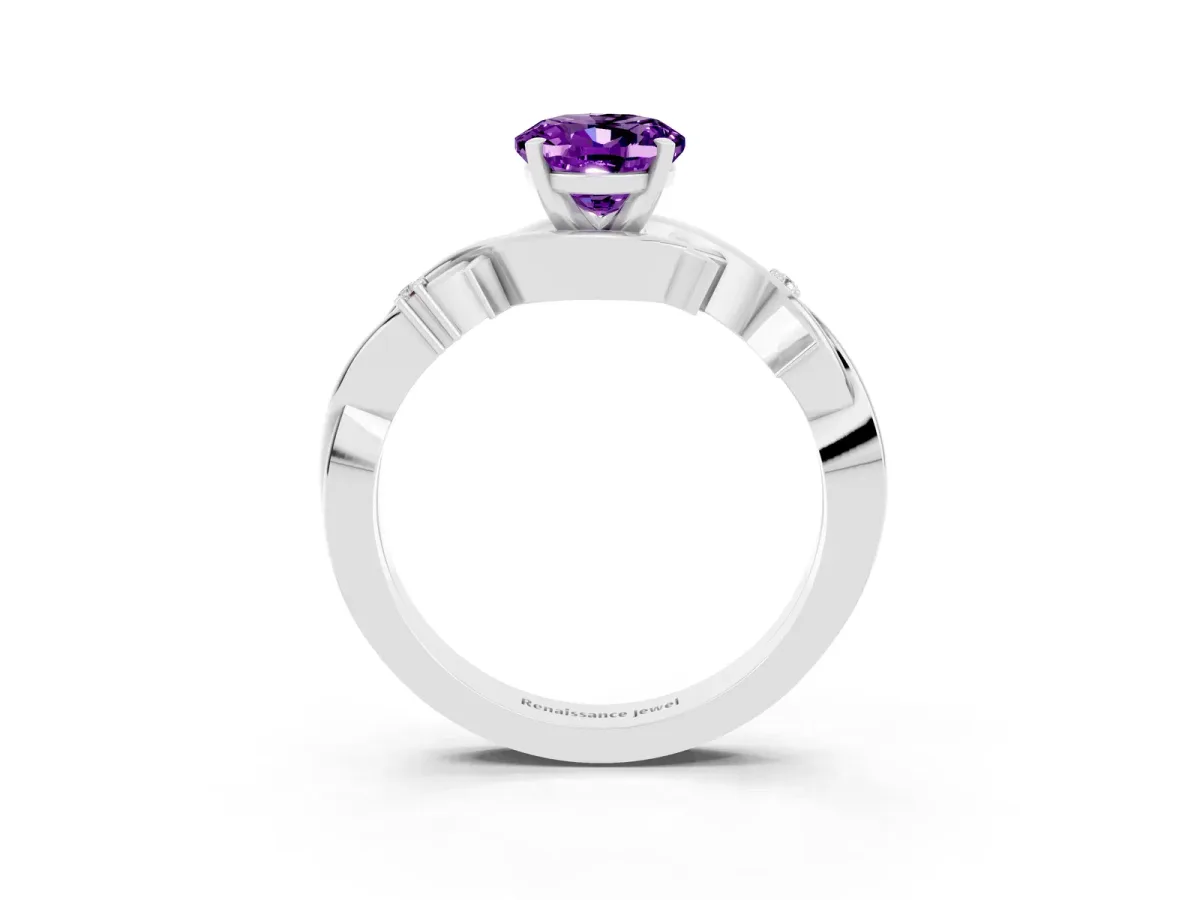 Oval Cut Amethyst Solitaire Ring with Twisted Band and Prong Setting White gold