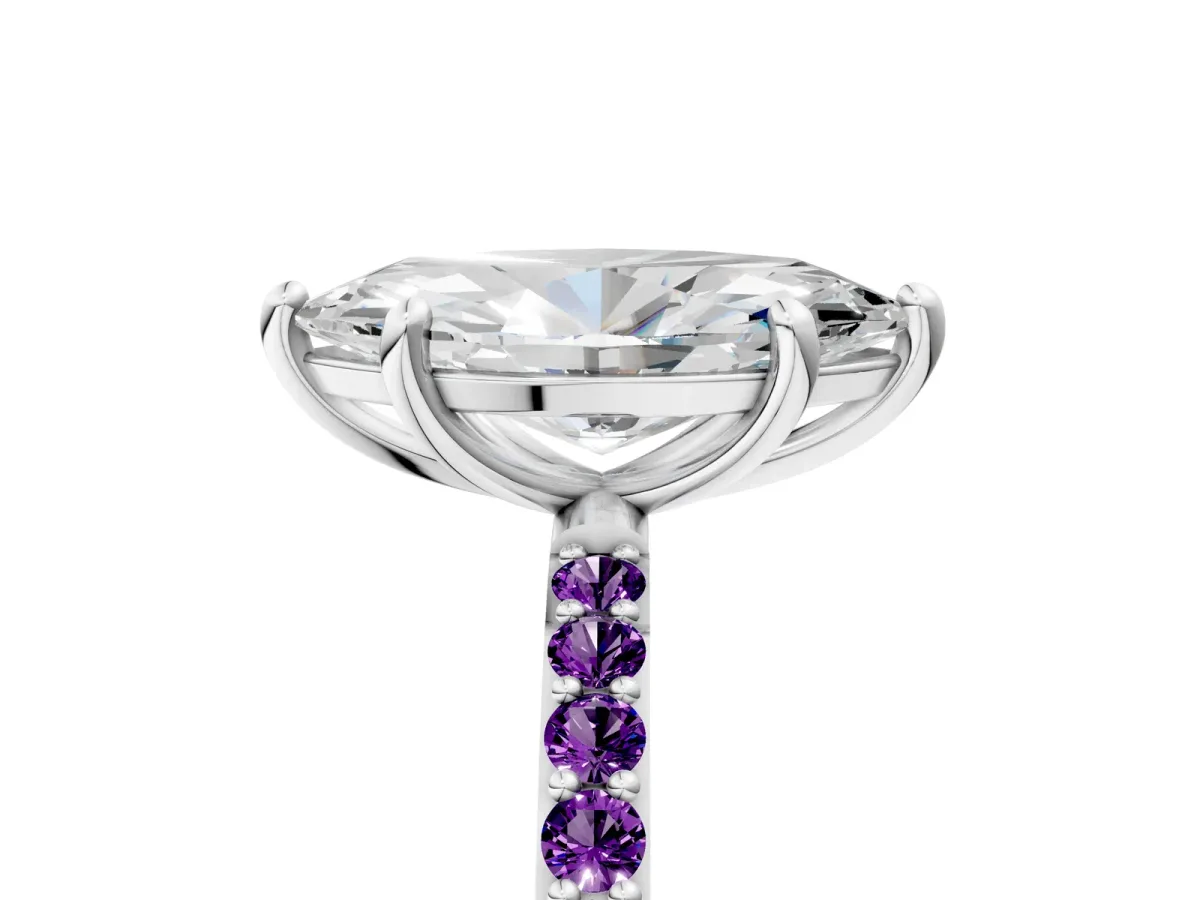 Marquise Cut Diamond Solitaire Ring with Round Amethyst Pavé Band and Prong Setting Silver