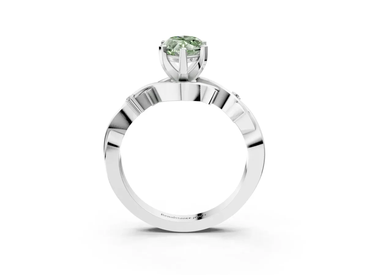 Fancy Green Marquise Cut Diamond Solitaire Ring with Twisted Band and Prong Setting Platinum