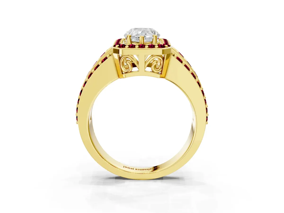 Pear Cut Halo Diamond Ring with Round Garnet Split Shank and Prong Setting Yellow gold