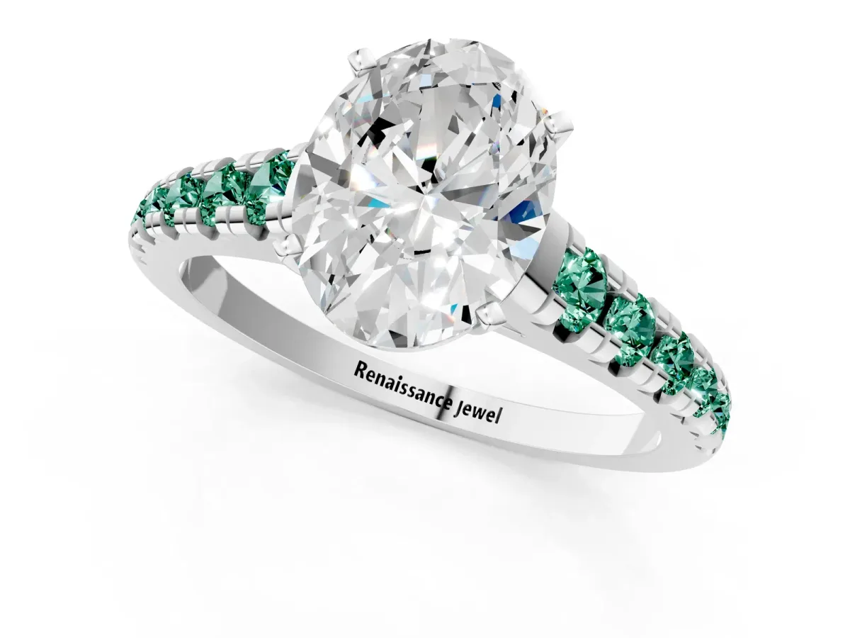 Oval Cut Diamond Cathedral Solitaire Ring with Round Green Sapphire Pavé Band Silver