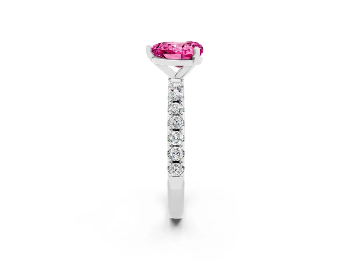 Heart Cut Pink Sapphire Solitaire Pavé Band with Four-Prong Setting Silver