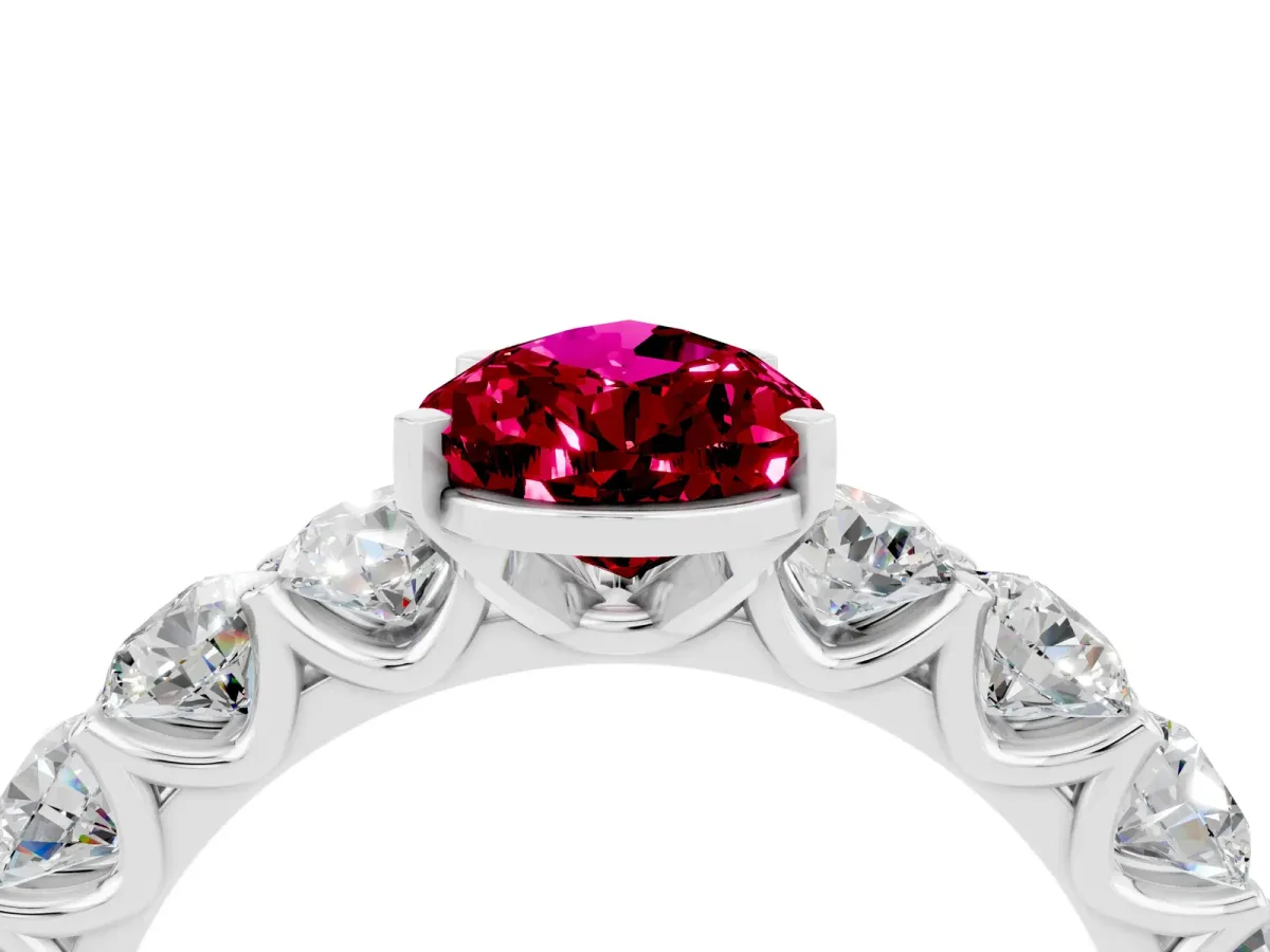 Pear Cut Garnet Prong Setting with Side Stones on a Pave Band Platinum