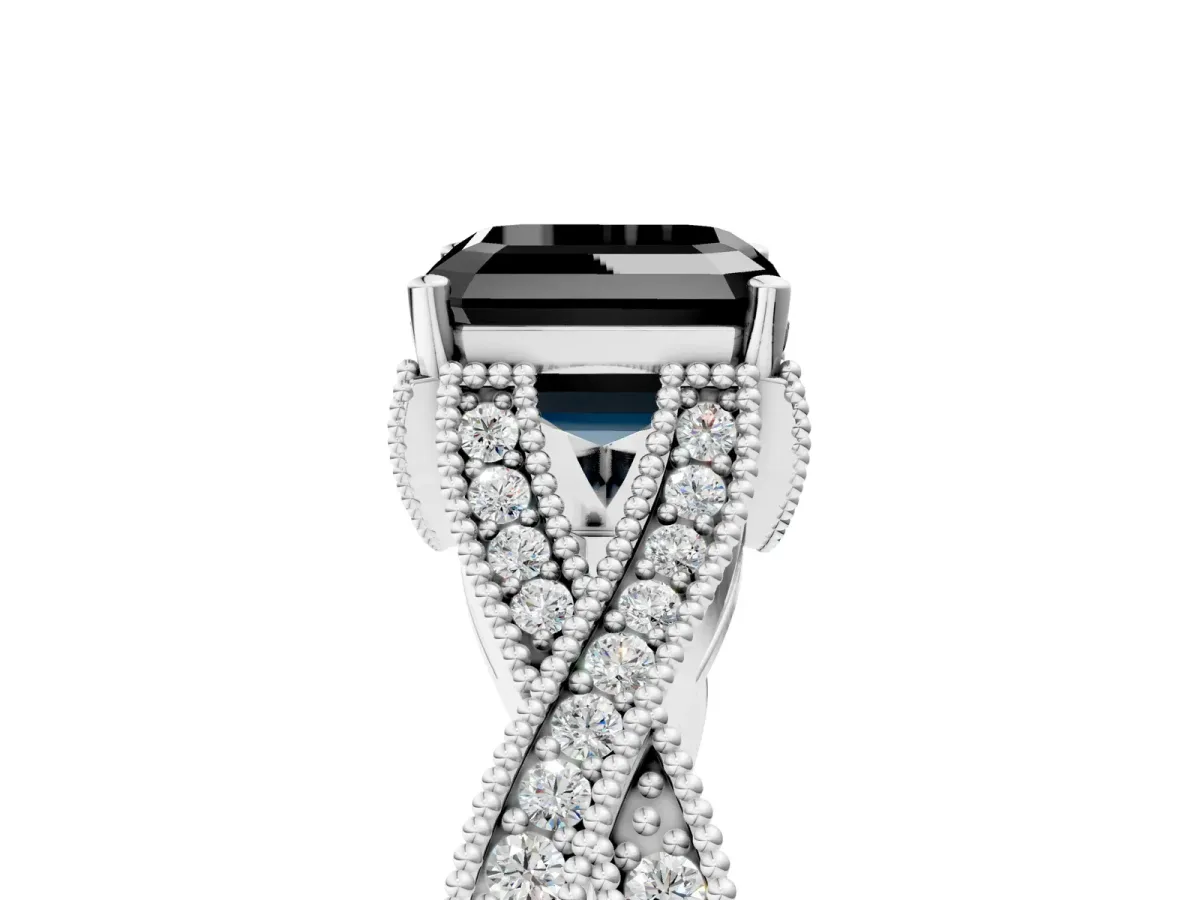 Fancy Black Asscher Cut Cut Diamond Twisted Band with Milgrain Pave Setting and Four-Prong Setting Platinum