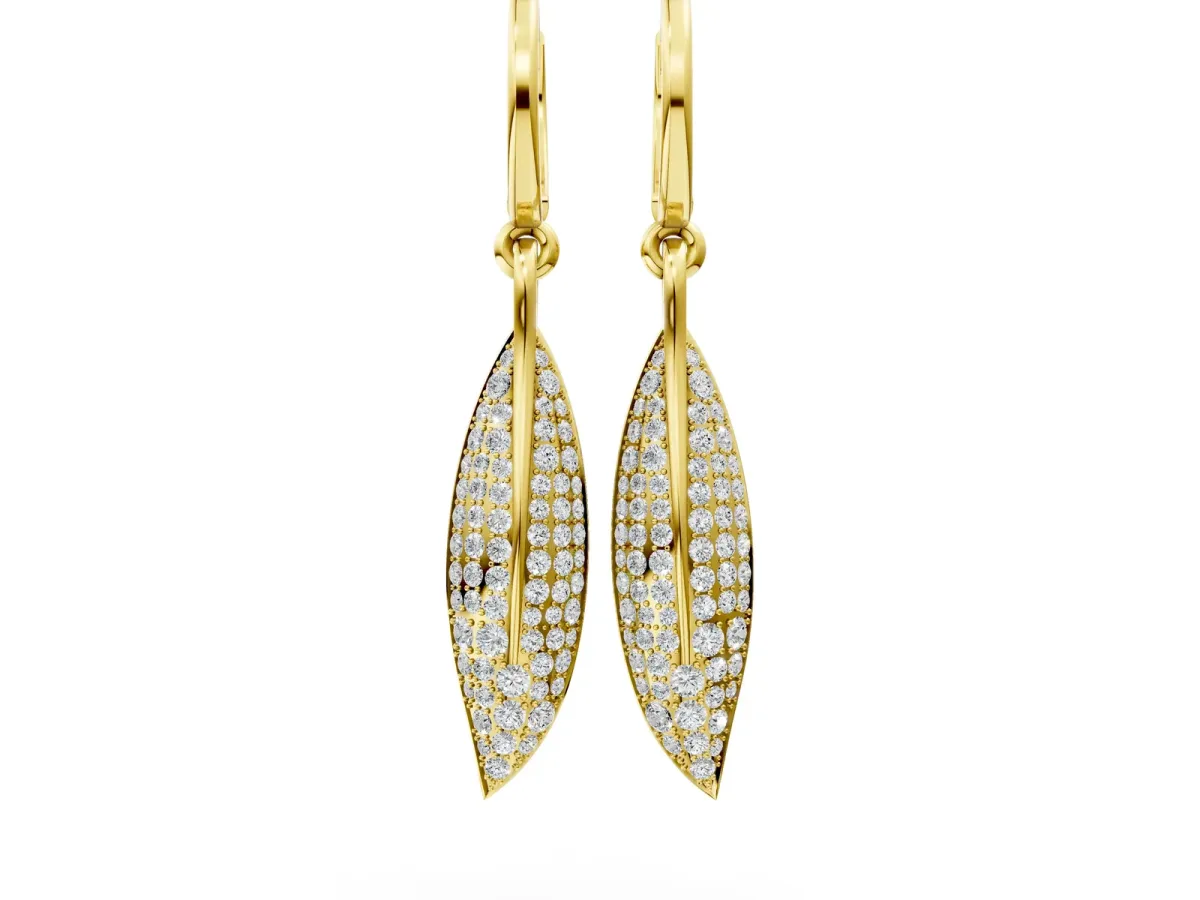 Round Diamond Pavé Leaf Huggie Drop Earrings Yellow gold