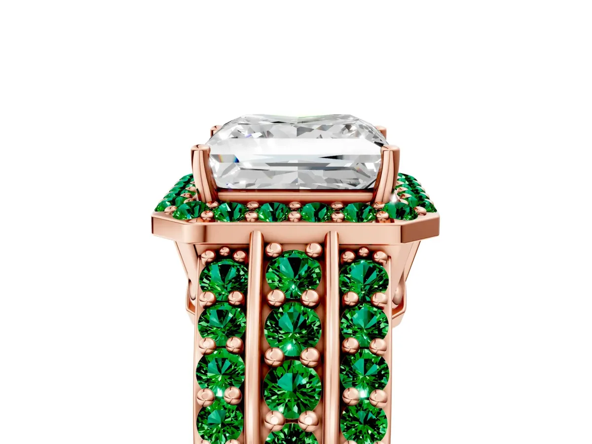 Princess Cut Halo Diamond Ring with Round Emerald Split Shank and Prong Setting Rose gold