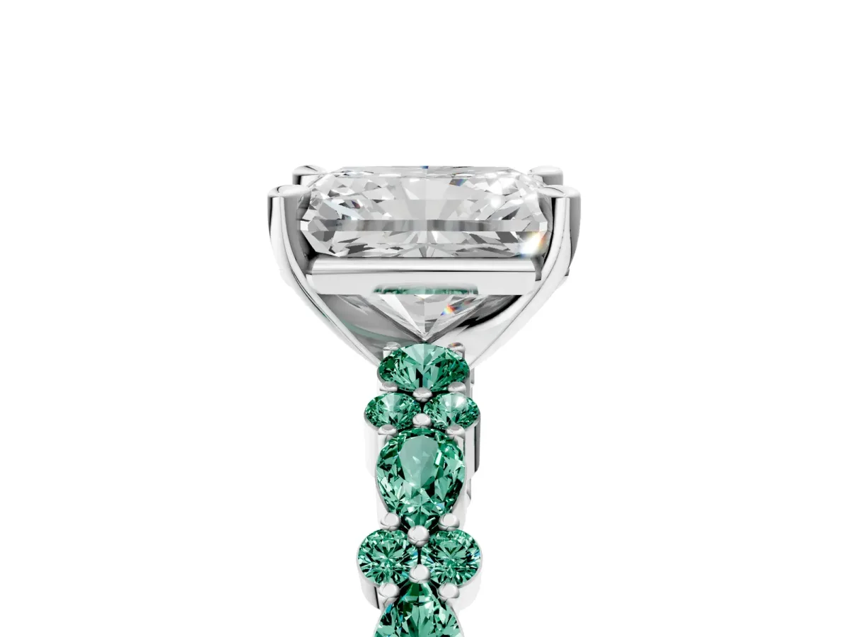 Radiant Cut Diamond Side Stone Solitaire Ring with Round Green Sapphire and Four-Prong Setting Silver