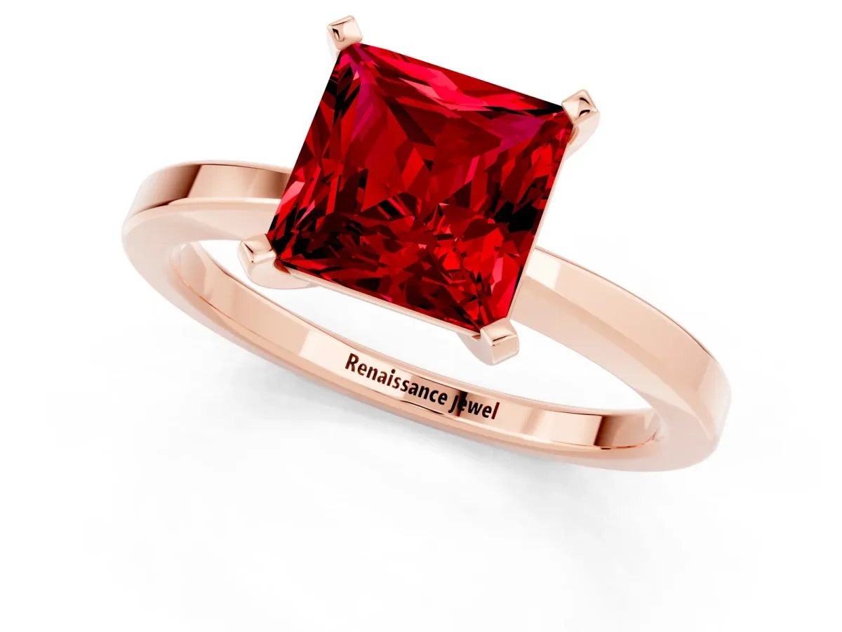 Princess Cut Ruby Solitaire Engagement Ring with Classic Band and Four-Prong Setting Rose gold