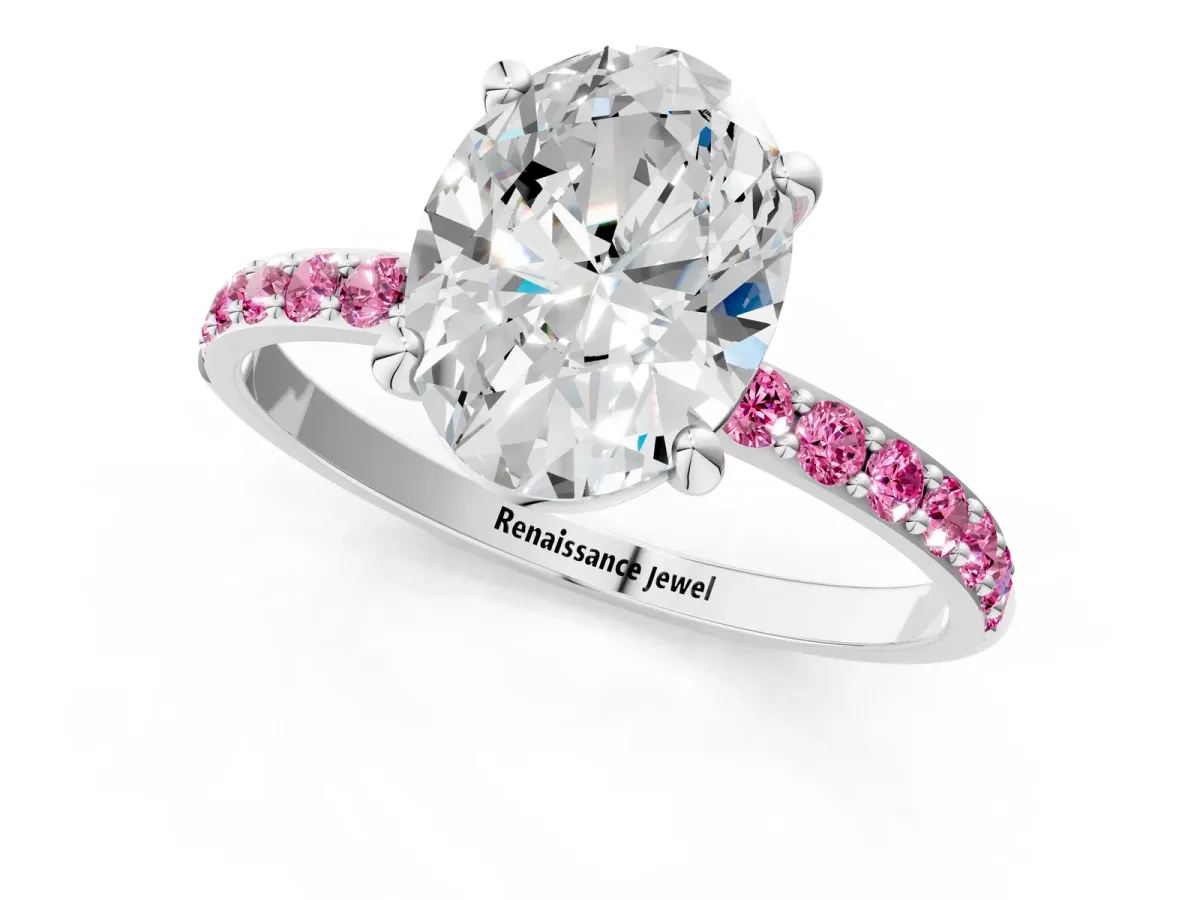 Oval Cut Diamond Solitaire Ring with Round Pink Sapphire Pavé Band and Prong Setting Silver