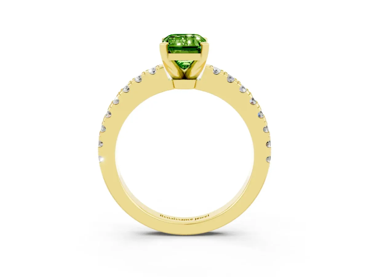 Emerald Cut Solitaire Peridot with Pavé Band and Four-Prong Setting Yellow gold