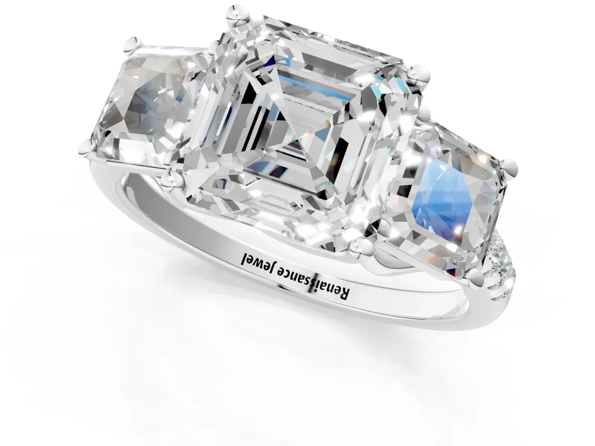 Three-Stone Asscher Cut Diamond Ring with Round Pavé Band and Prong Setting Silver
