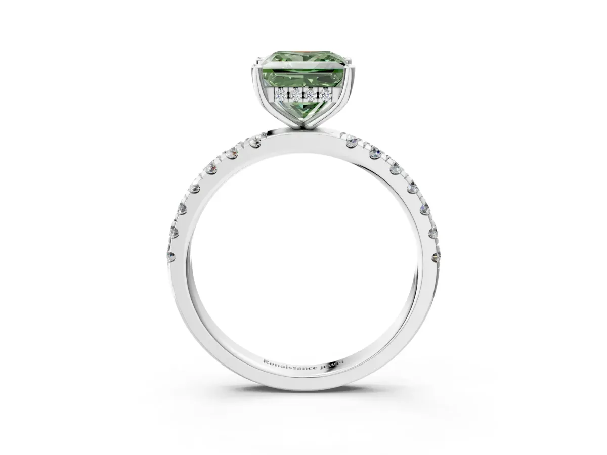 Fancy Green Princess Cut Diamond Pave Band Solitaire Ring with Round and Prong Setting Silver