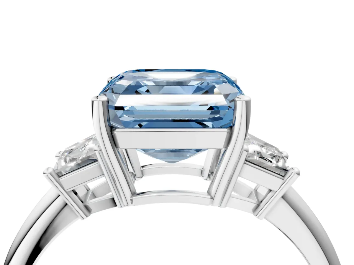 Fancy Blue Asscher Cut Diamond Three-Stone Ring with Trapezoid Side Stones and Prong Setting Silver