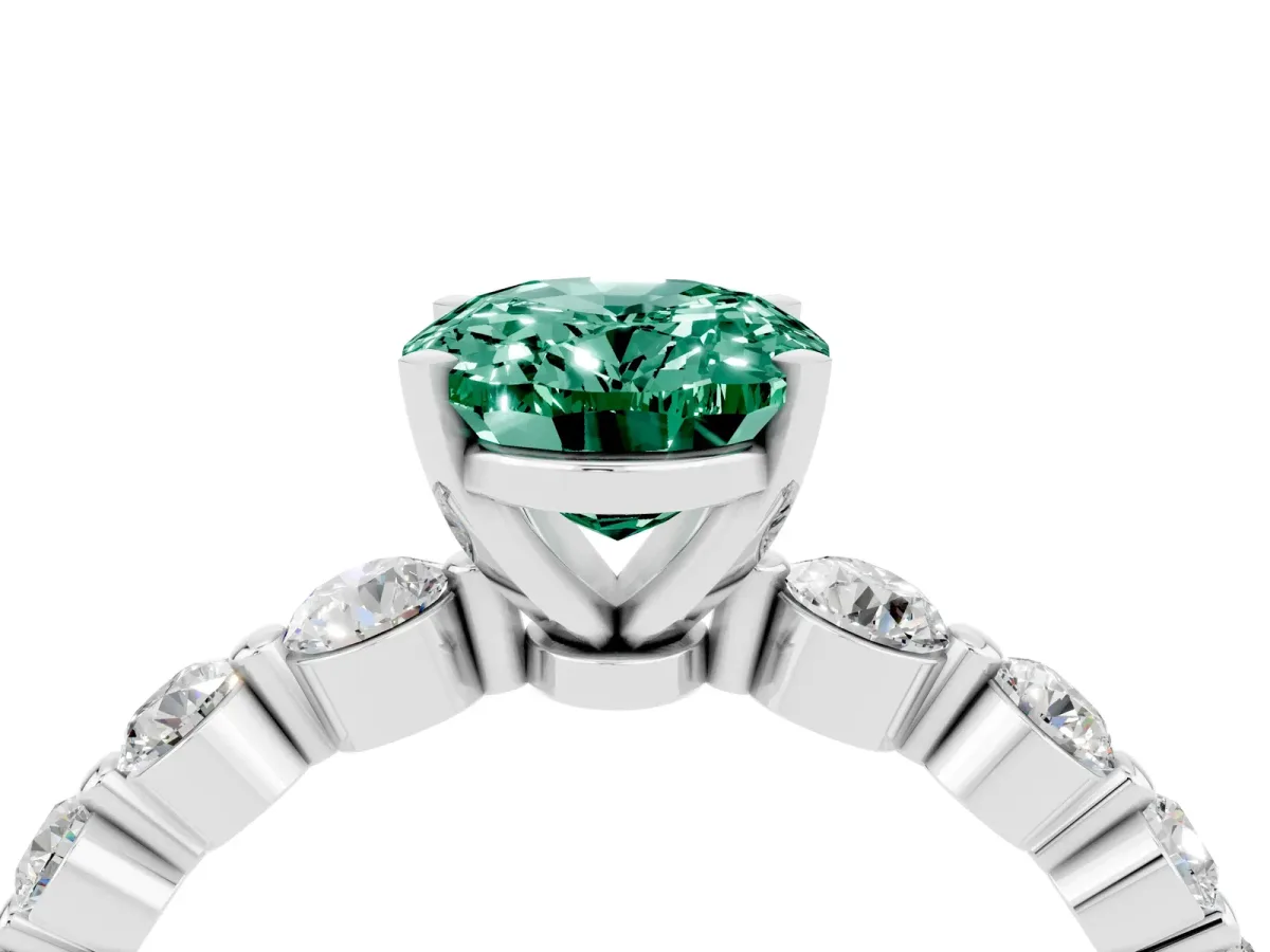 Oval Cut Solitaire Green Sapphire Ring with Pave Band and Four-Prong Setting Silver