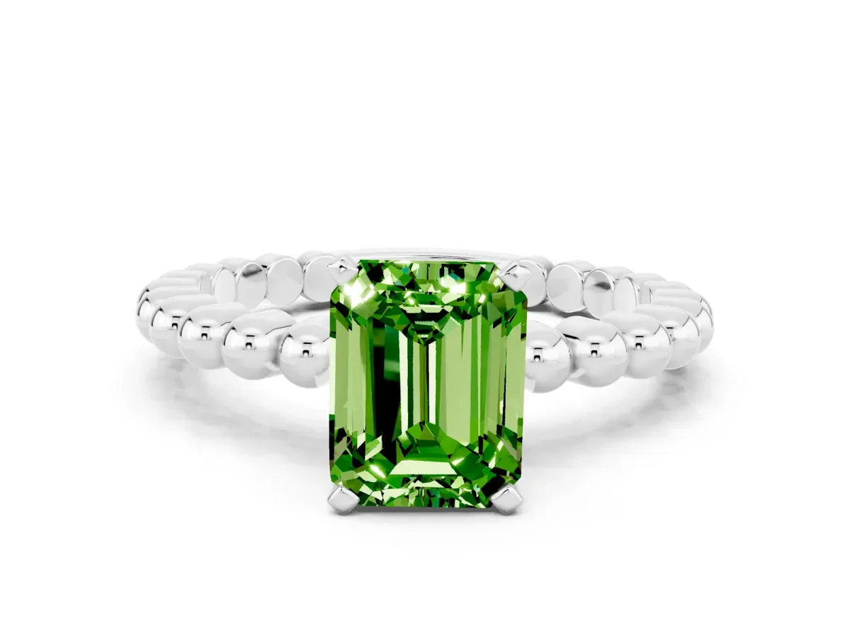 Emerald Cut Peridot Solitaire Ring with Beaded Band and Prong Setting Silver