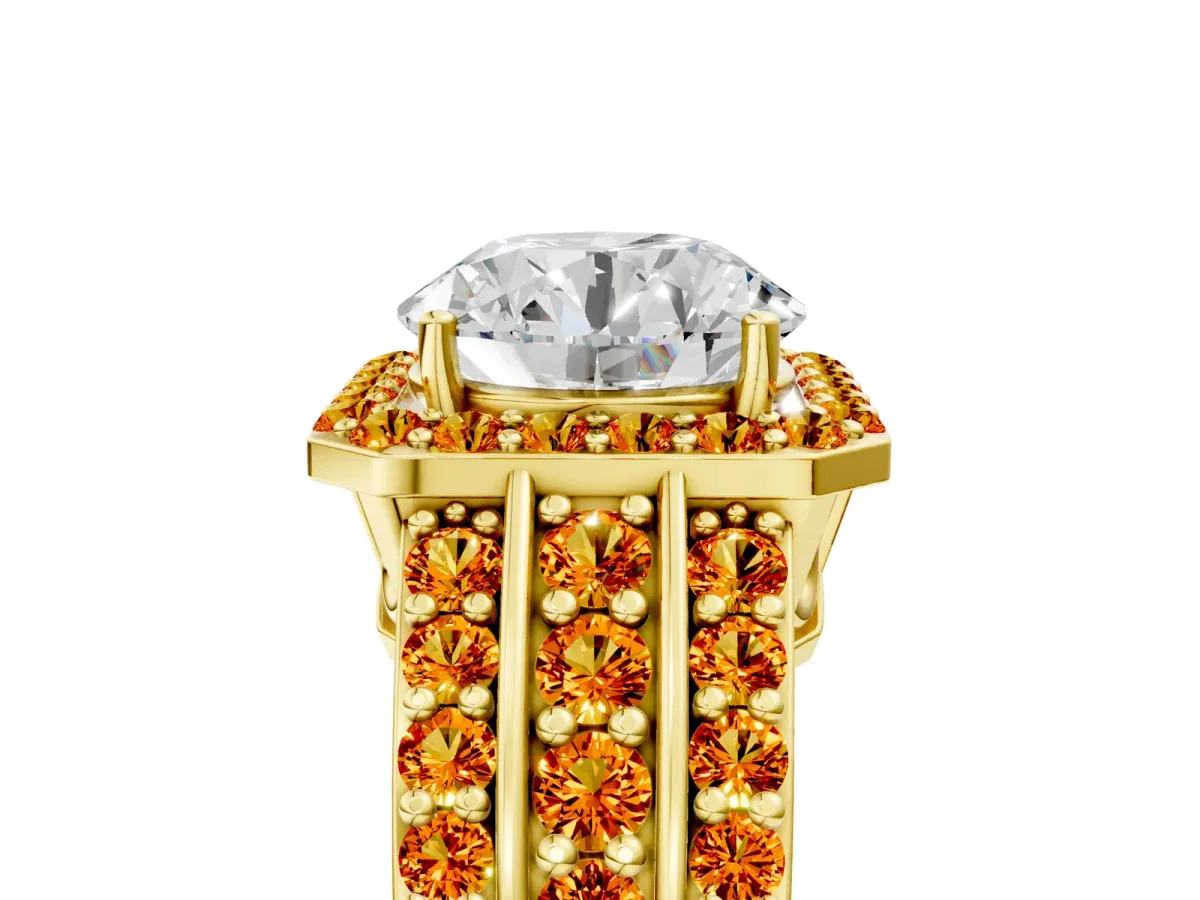Round Cut Halo Diamond Ring with Round Citrine Split Shank and Prong Setting Yellow gold