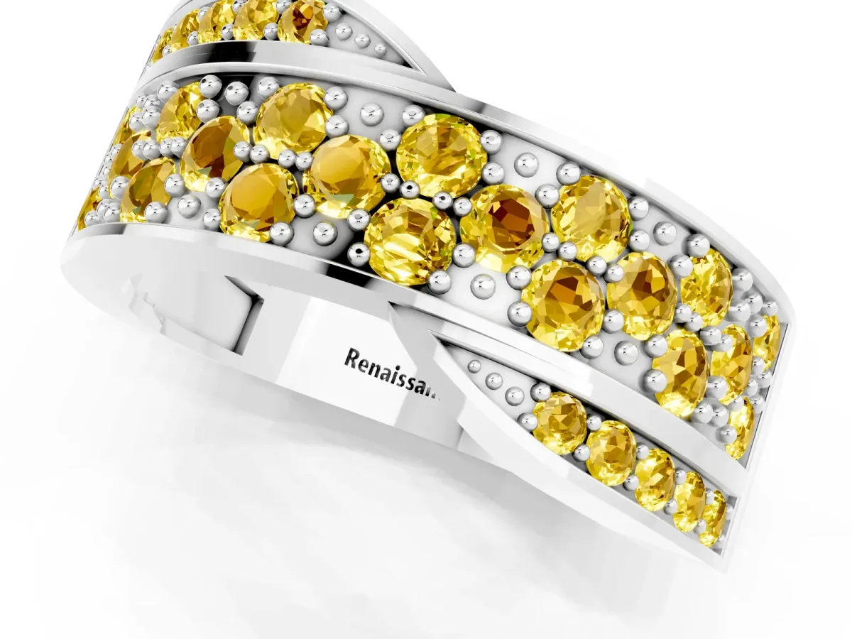 Pavé Round Yellow Sapphire Crossover Band with Bead Prong Setting Platinum
