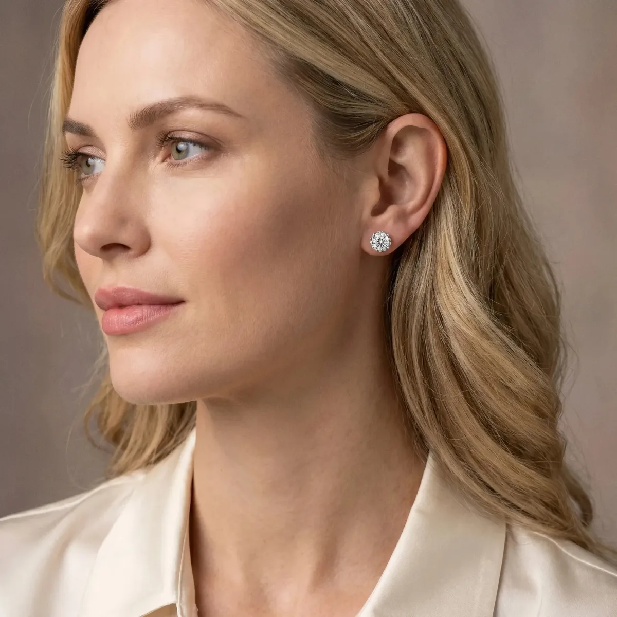 Round Diamond Flower Halo Stud Earrings with Petal Prong Setting Silver