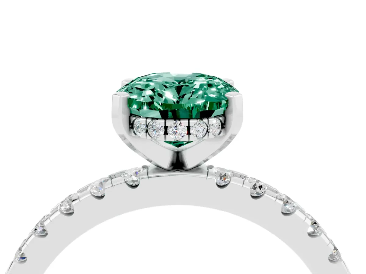 Oval Cut Green Sapphire Solitaire Ring with Round Pavé Band and Four-Prong Setting Silver