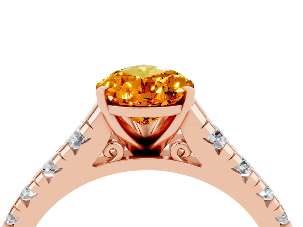 Pear Cut Citrine Cathedral Solitaire Ring with Round Pavé Band Rose gold