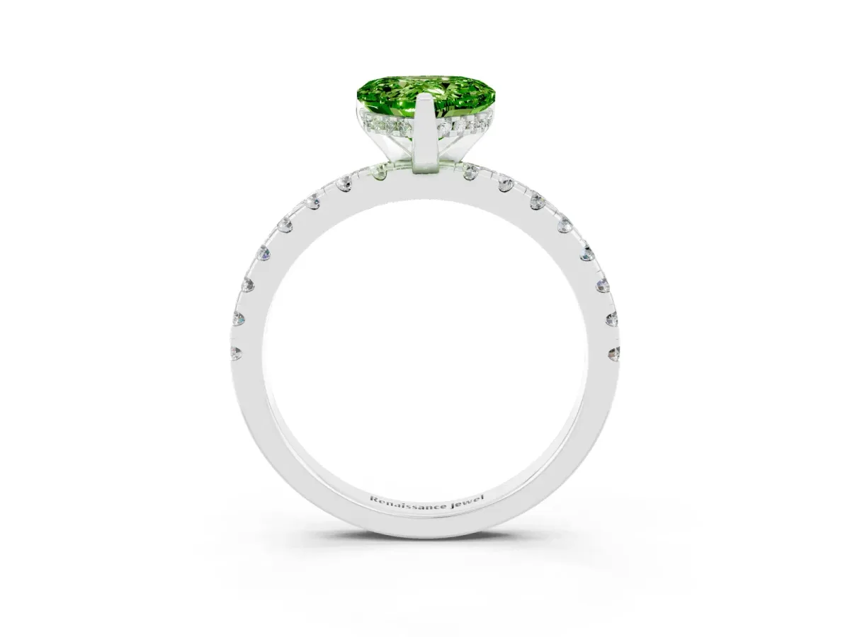 Heart Cut Peridot Solitaire Ring with Round Pavé Band and Four-Prong Setting Silver