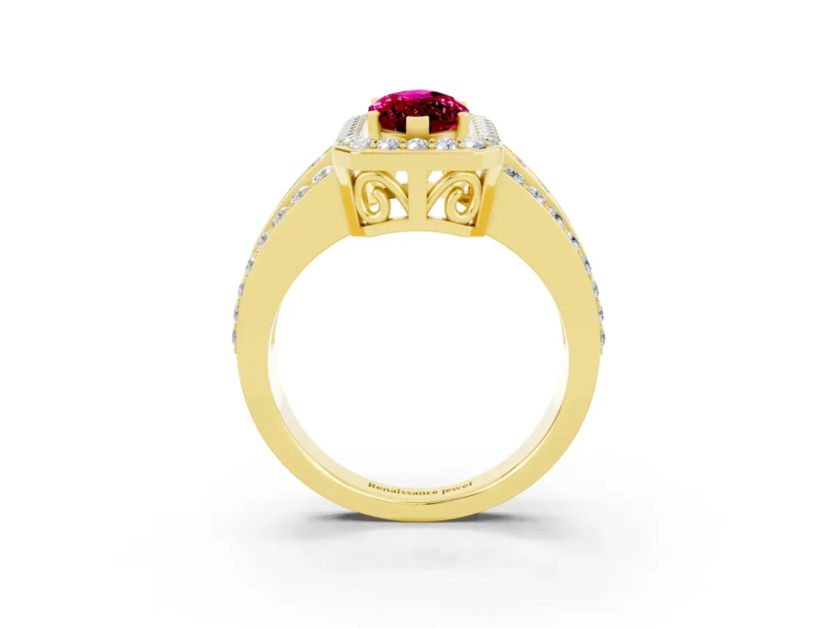 Marquise Cut Halo Garnet Ring with Round Split Shank and Prong Setting Yellow gold