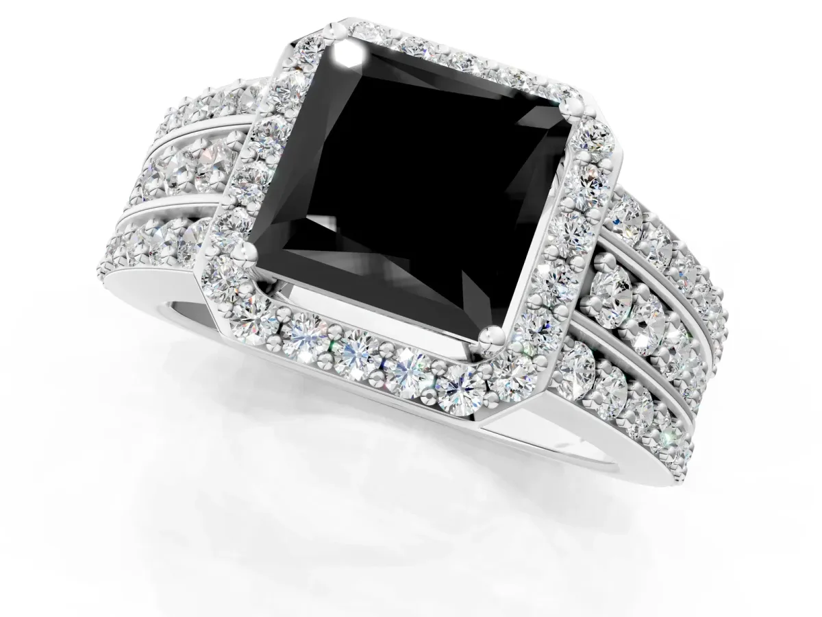 Fancy Black Princess Cut Halo Diamond Ring with Round Split Shank and Prong Setting Silver