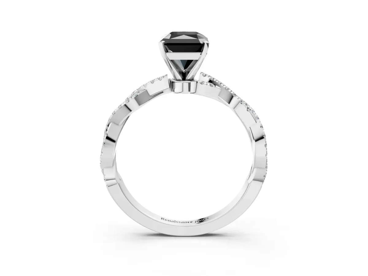Fancy Black Radiant Cut Solitaire Twisted Pave Band with Four-Prong Setting Platinum