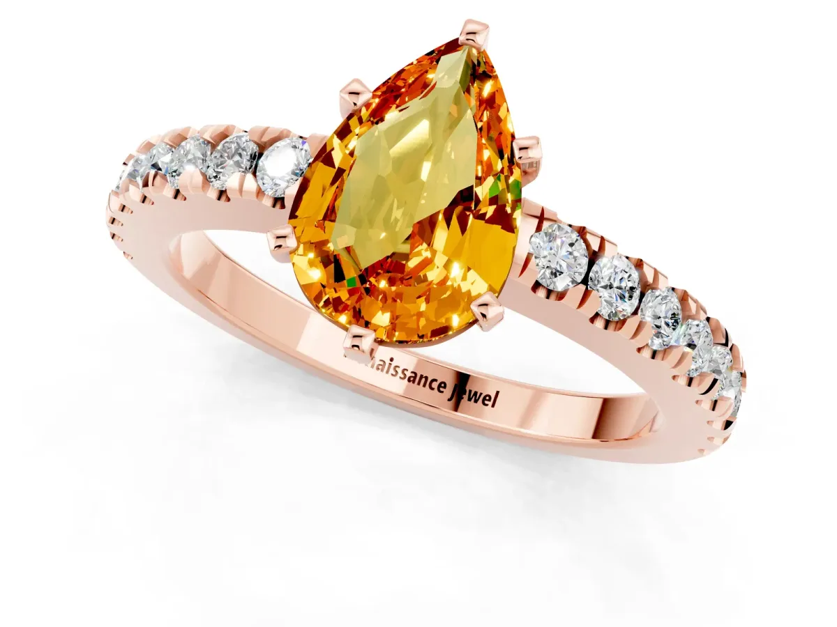 Pear Cut Solitaire Citrine with Pavé Band and Four-Prong Setting Rose gold