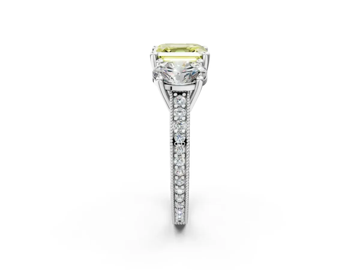 Fancy Yellow Three-Stone Asscher Cut Diamond Milgrain Pave Band with Prong Setting Platinum