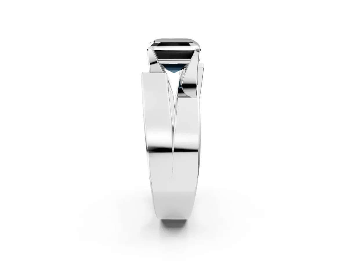 Fancy Black Modern Tension Set Asscher Cut Diamond Solitaire Wide Band Ring Silver