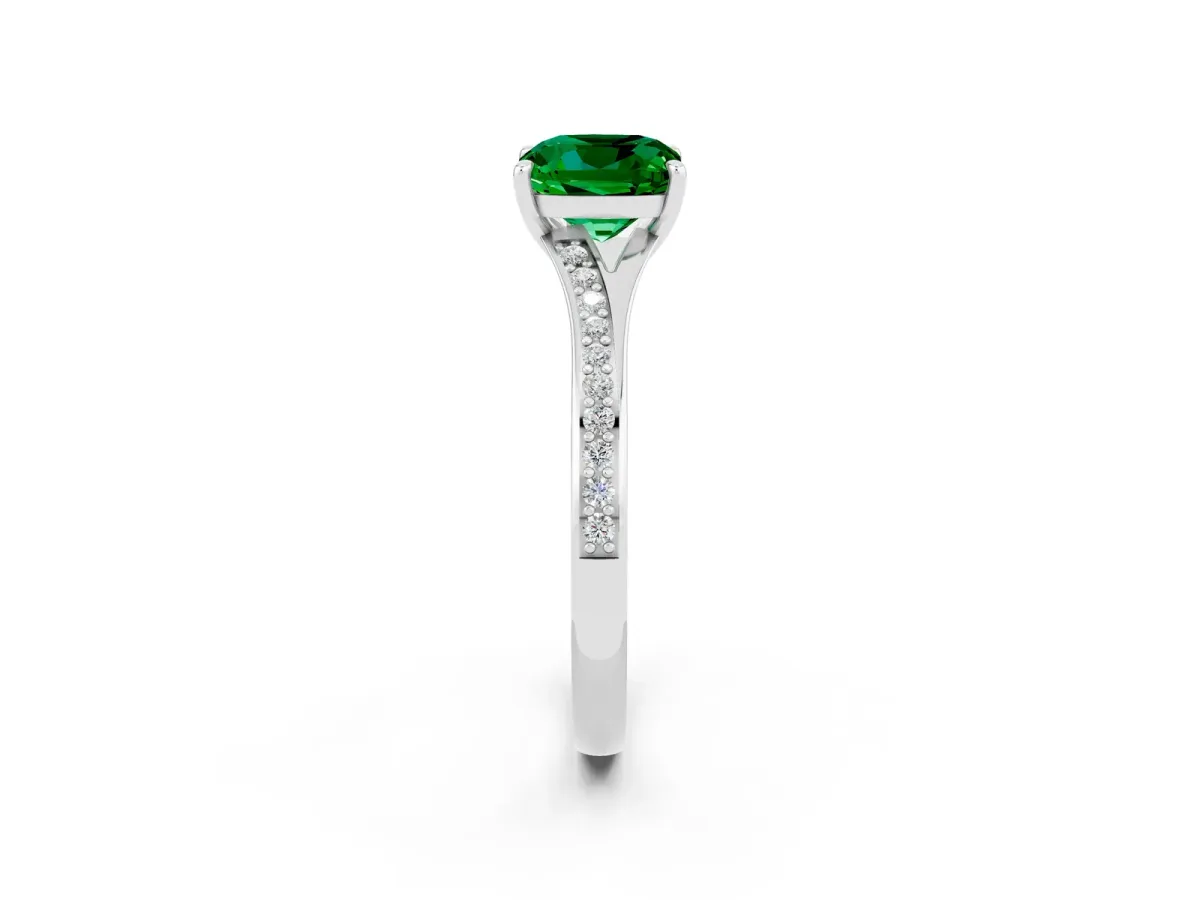 Cushion Cut Emerald Solitaire Ring with Pavé Band and Prong Setting Silver