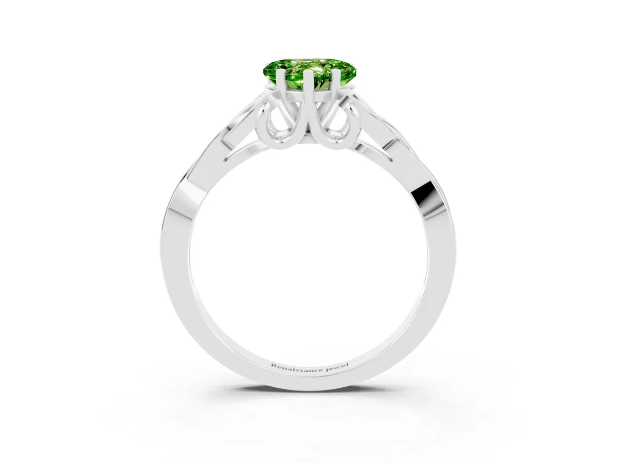 Heart Cut Peridot Solitaire Engagement Ring with Celtic Knot Band and Four-Prong Setting Silver