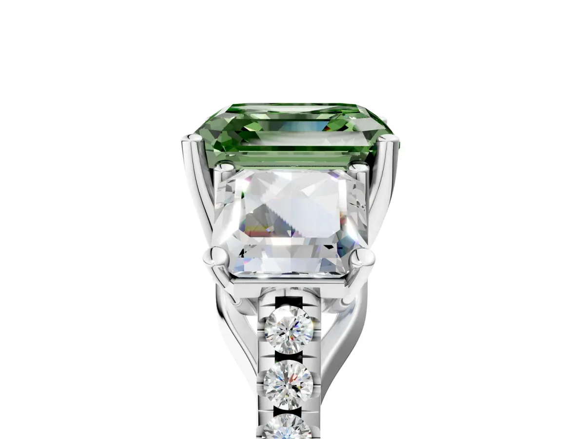 Fancy Green Three-Stone Asscher Cut Diamond Ring with Round Pavé Band and Prong Setting Silver