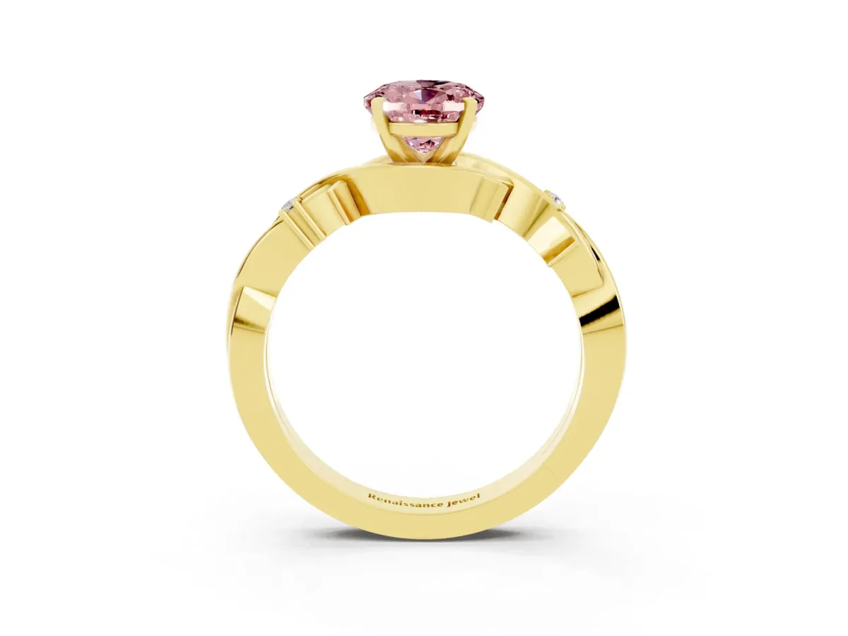 Oval Cut Morganite Solitaire Ring with Twisted Band and Prong Setting Yellow gold