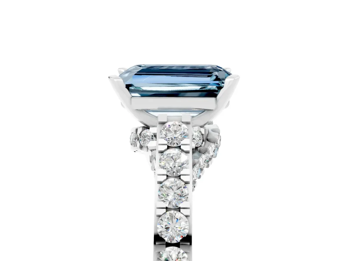 Emerald Cut Aquamarine Solitaire Ring with Crossover Gallery and Round Pavé Band Silver