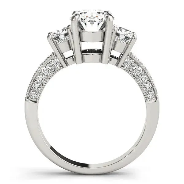 Asscher Cut Three-Stone Diamond Ring with Pavé Band and Four-Prong Setting Platinum