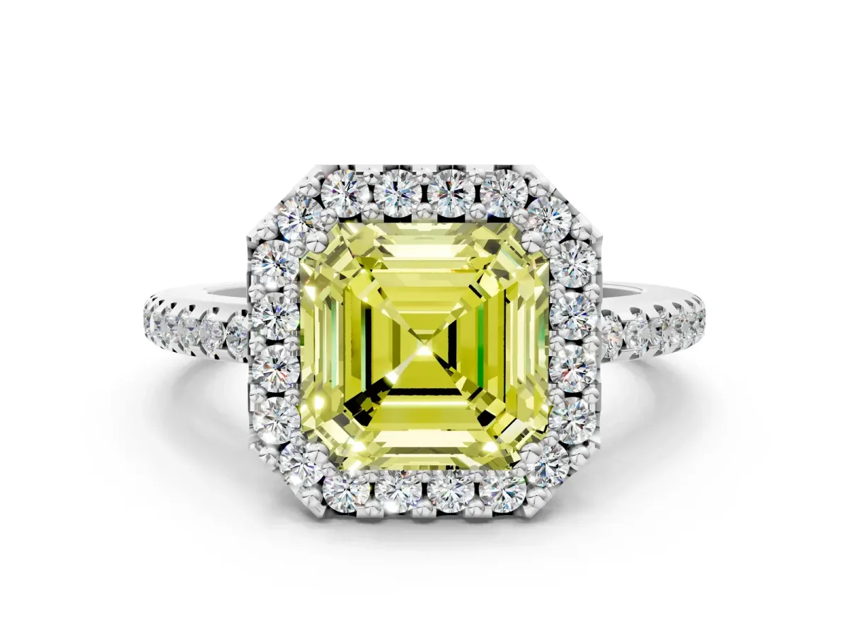 Fancy Yellow Asscher Cut Diamond Pavé Halo Ring with Four-Prong Setting Platinum